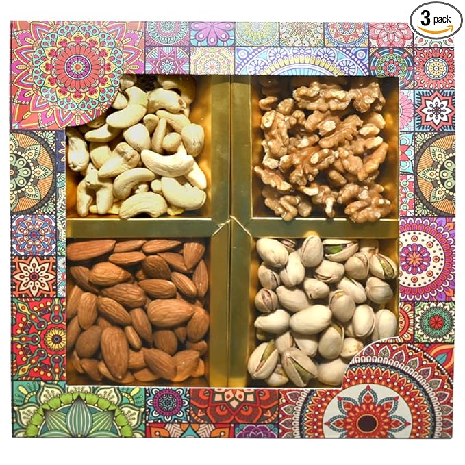 Combo of Dry Fruits Roli Chawal & Rakhi - Mix Nuts Gifts with Kumkum ChawalAlmond Cashew Pista 100gm Each Walnut(50gm)