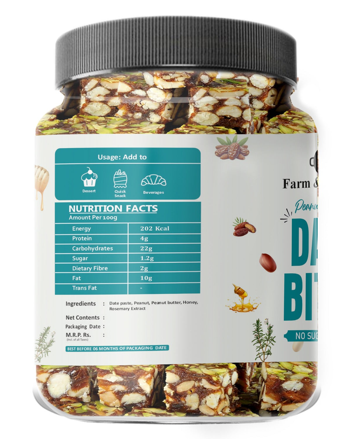 Farm & Farmers Peanut Delight Date Bites 180gm | Dates Barfi Made with Dates, Dry Fruits, Honey and Desi Ghee | Healthy Snacks Sweets,Gluten Free, No Added Sugar, Perfect for Gifting