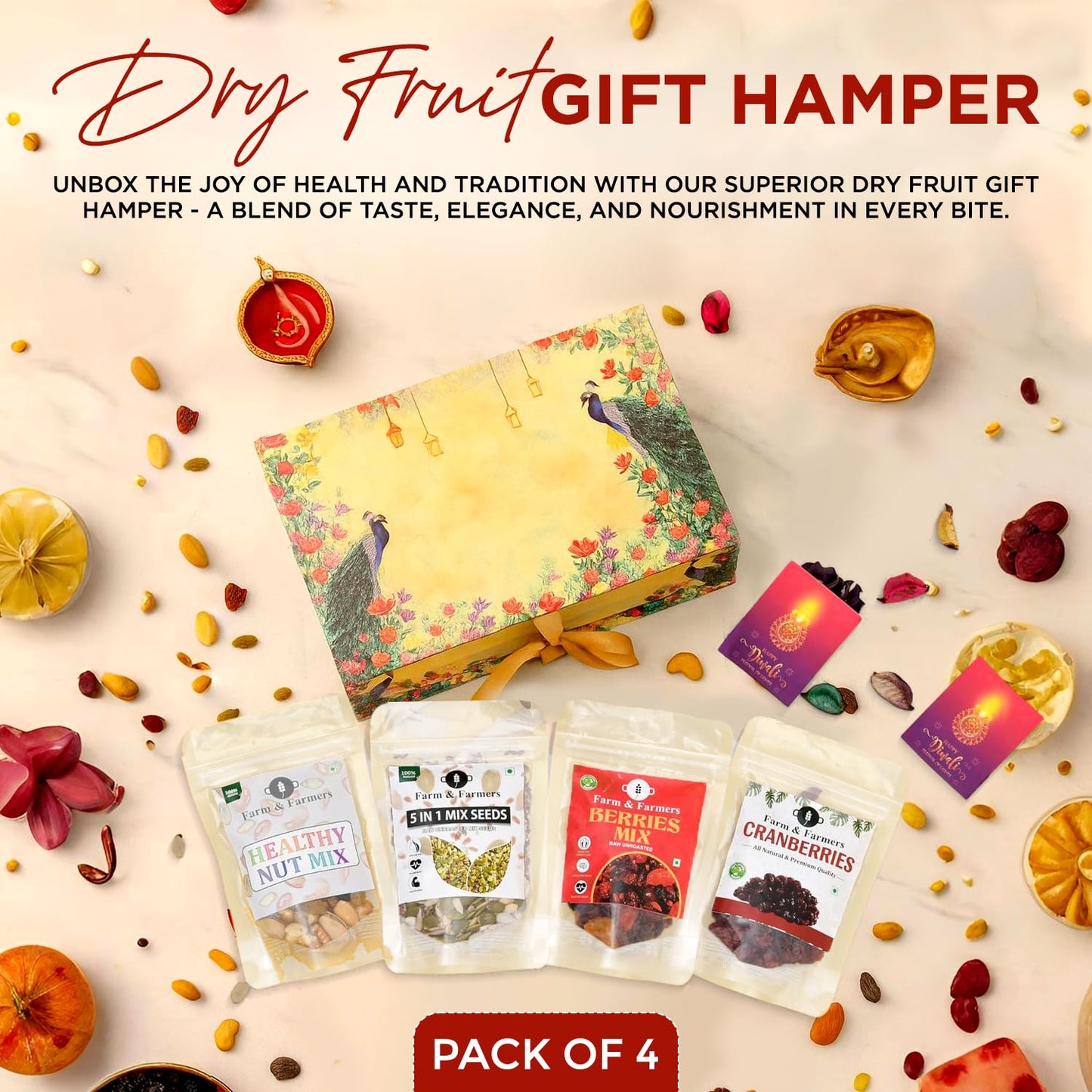 Farm & Farmers Premium Dry Fruit Diwali Gift Hamper | Nut Mix, 5 in 1 Mix Seeds, Cranberries, Berries Mix | Healthy Snacks Gift Box for Corporate Gifting & Festive Deepawali Gift (Pack of 4 x 80g)