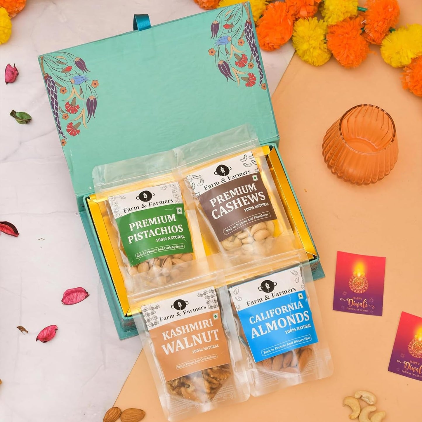 Farm & Farmers Premium Dry Fruit Diwali Gift Hamper | Walnuts, Cashews, Pistachios, Almonds | Healthy Snacks Gift Box| Corporate & Festive Deepawali Gift (Pack of 4 x 80g)