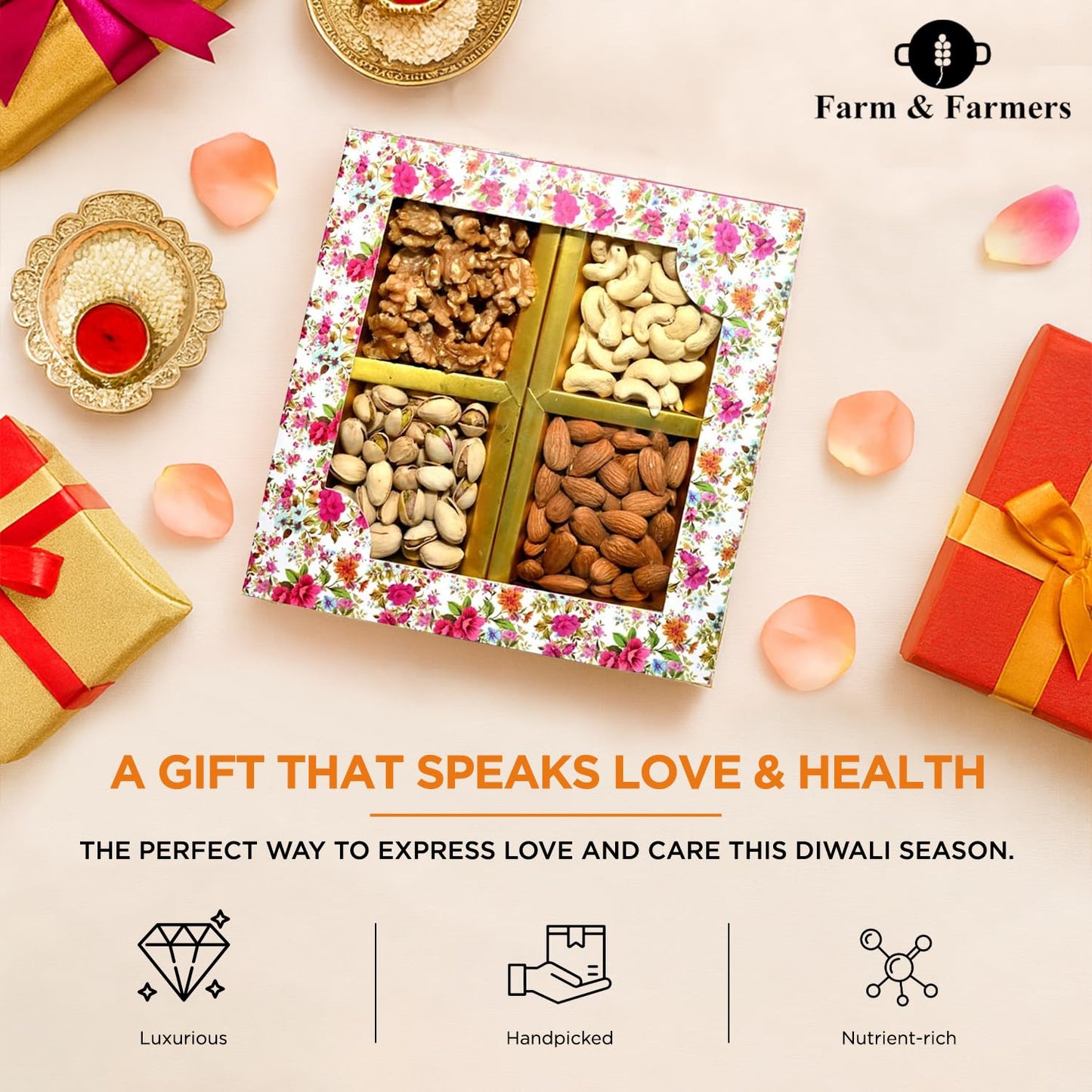 Farm & Farmers Almond, Cashew, Wallnut & Pista Dry Fruit Gift Hamper Pack Set Gift Box for Diwali | Dry Fruits Gifting Boxes | Festivals & Other Ocassions (450gm, Pack of 1)