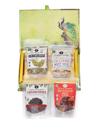 Farm & Farmers Premium Dry Fruit Diwali Gift Hamper | Mix Nuts, 5 in1 Mix Seeds, Cranberries, Berries Mix | Healthy Snacks Gift Box | Corporate & Festive Deepawali Gift (Pack of 4 x 80g)