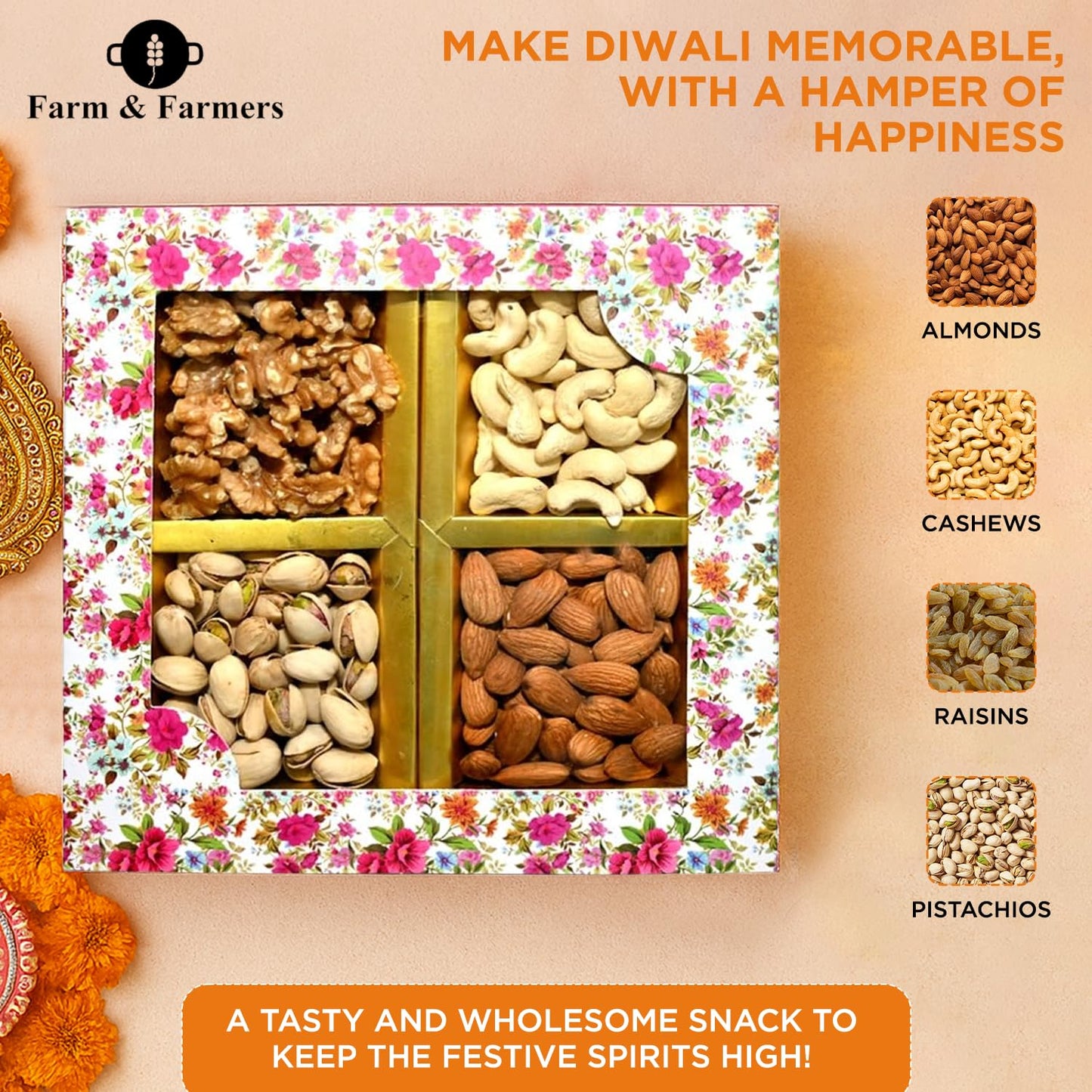 Farm & Farmers Almond, Cashew, Wallnut & Pista Dry Fruit Gift Hamper Pack Set Gift Box for Diwali | Dry Fruits Gifting Boxes | Festivals & Other Ocassions (450gm, Pack of 1)