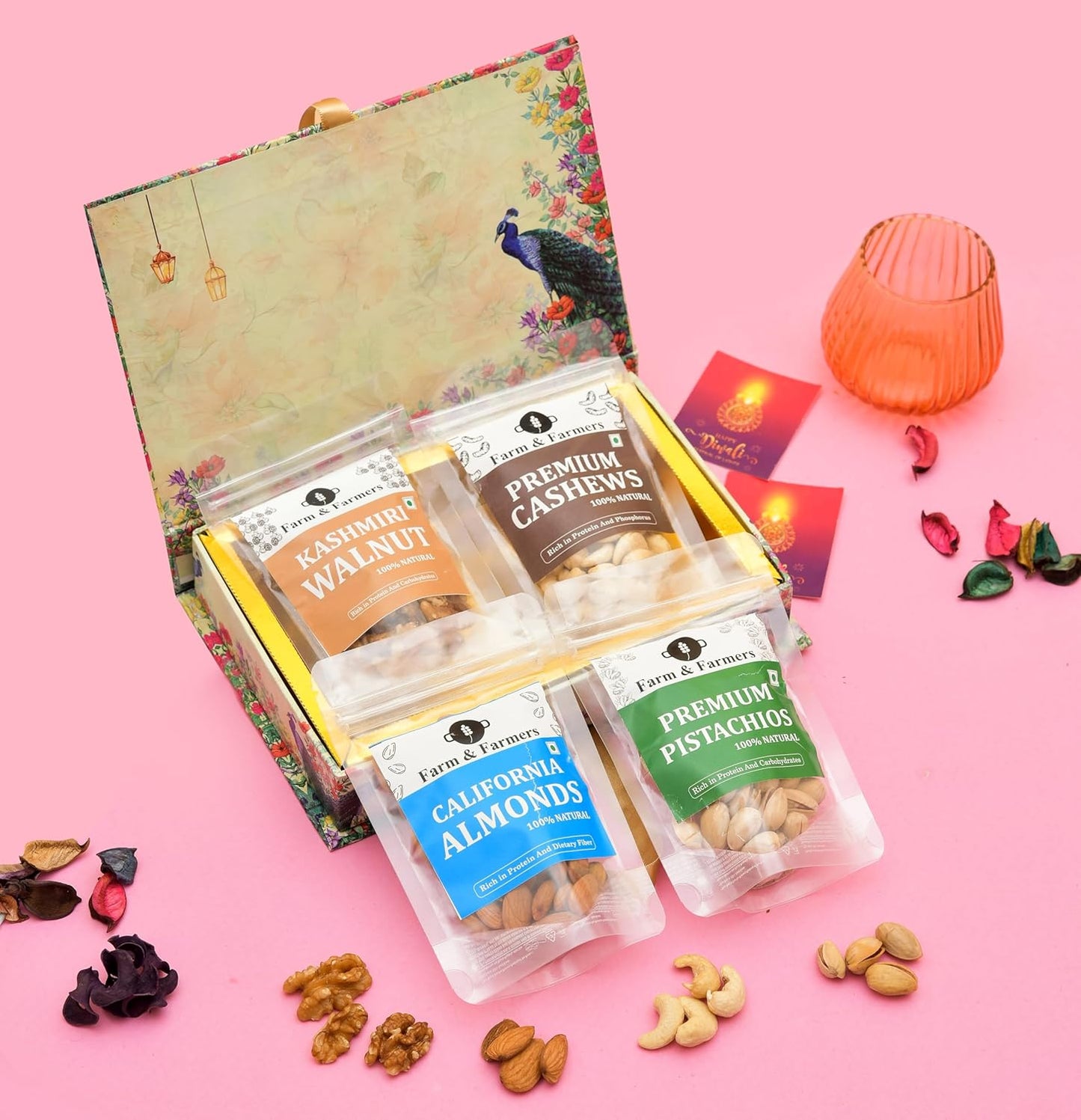 Farm & Farmers Premium Dry Fruit Diwali Gift Hamper | Walnuts, Cashews, Pistachios, Almonds | Healthy Snacks Gift Box | Corporate & Festive Deepawali Gift (Pack of 4 x 80g)