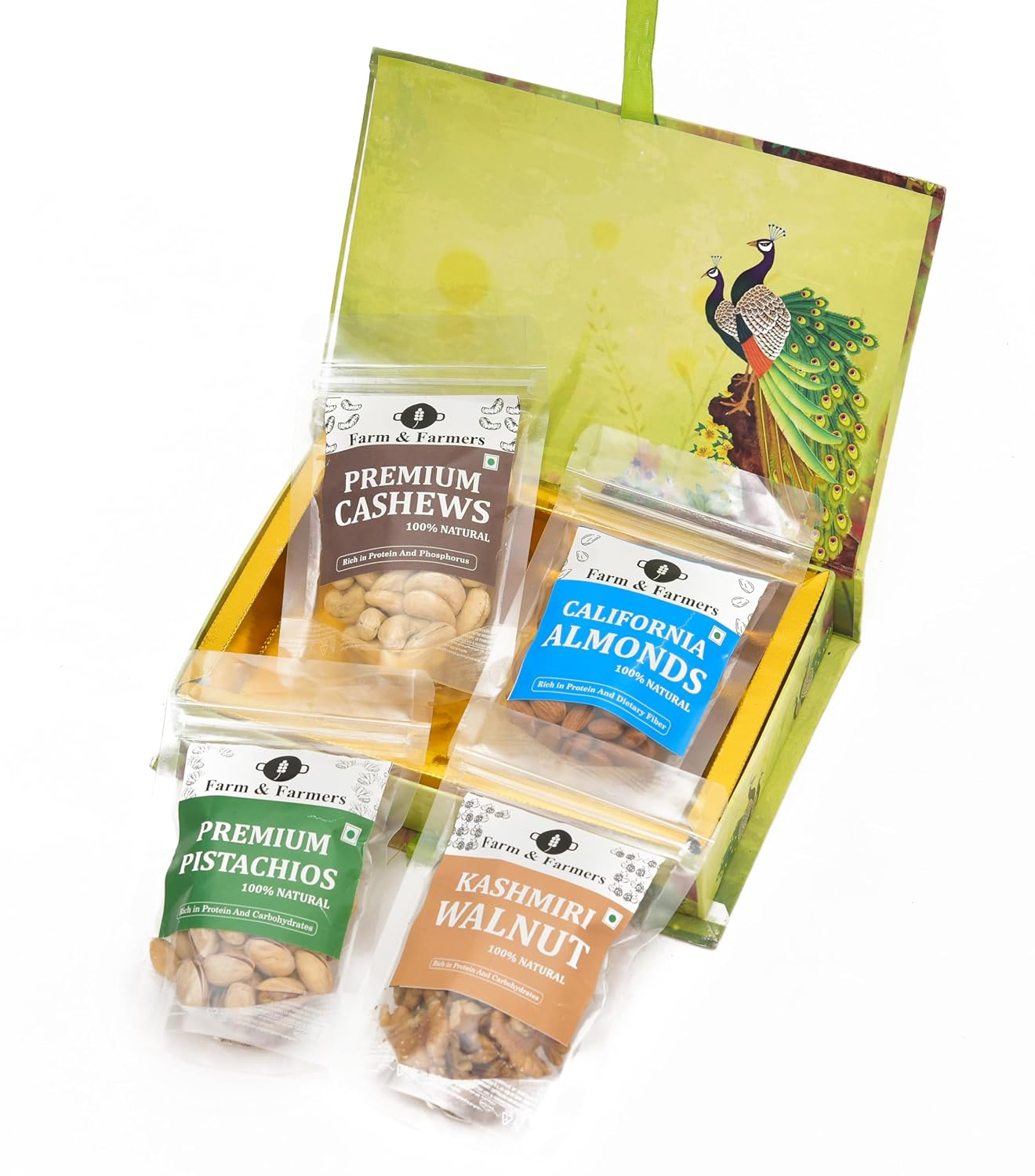 Farm & Farmers Premium Dry Fruit Diwali Gift Hamper | Walnuts, Cashews, Pistachios, Almonds | Healthy Snacks Gift Box for Corporate Gifting & Festive Deepawali Gift (Pack of 4 x 80g)