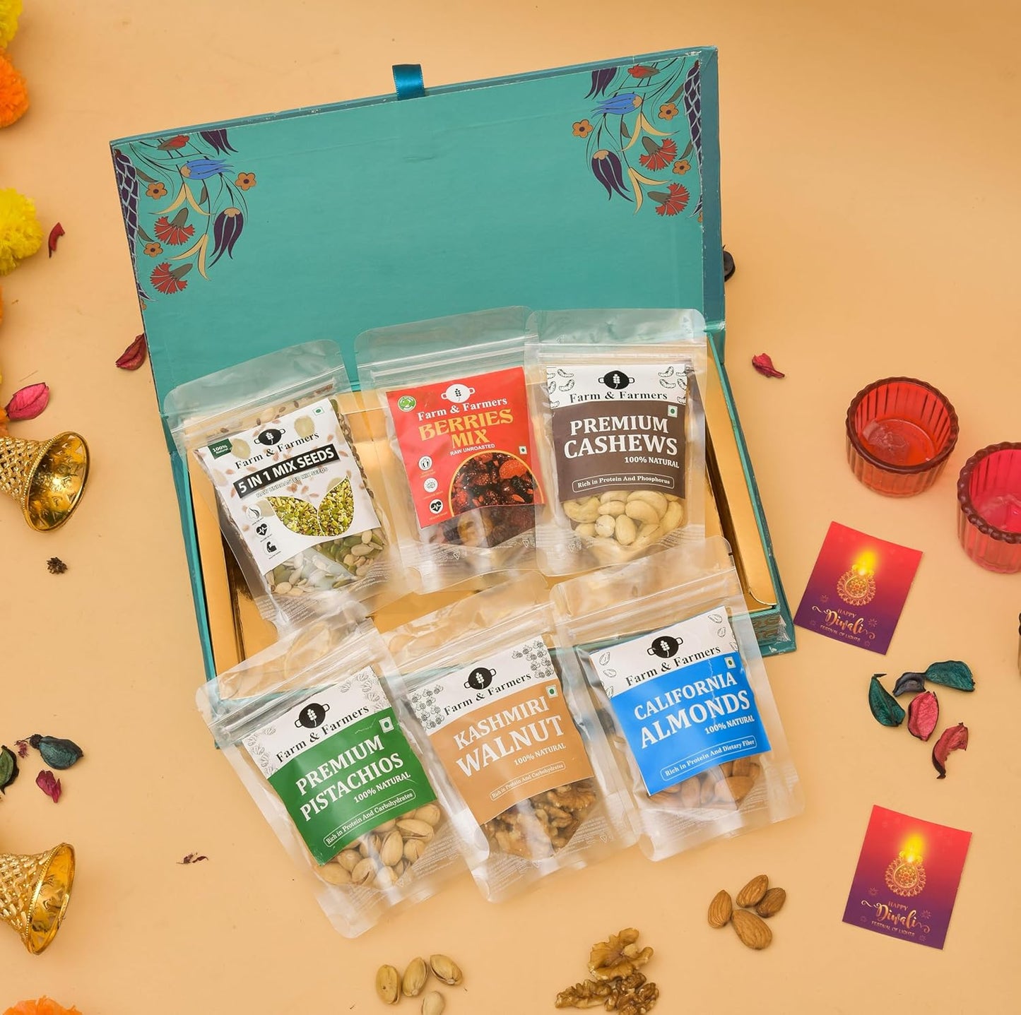 Farm & Farmers Premium Dry Fruit Gift Hamper – Healthy Diwali & Corporate Gift Box (Pack of 6 x 80g) | Assorted Dry Fruits & Nuts for Festive Gifting