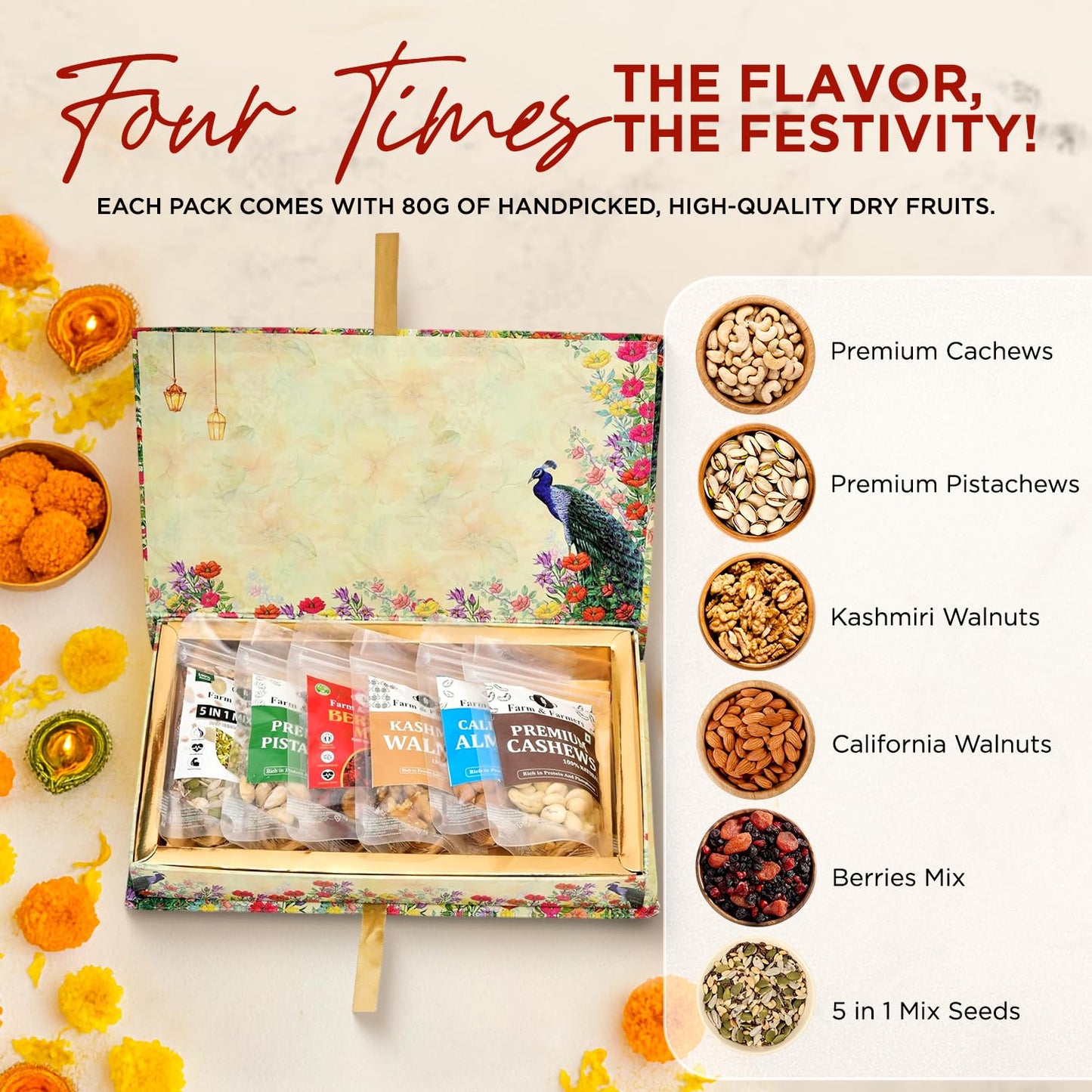 Farm & Farmers Premium Dry Fruit Gift Hamper – Diwali & Corporate Festive Gift Box (Pack of 6 x 80g) | Healthy Assorted Nuts & Dry Fruits