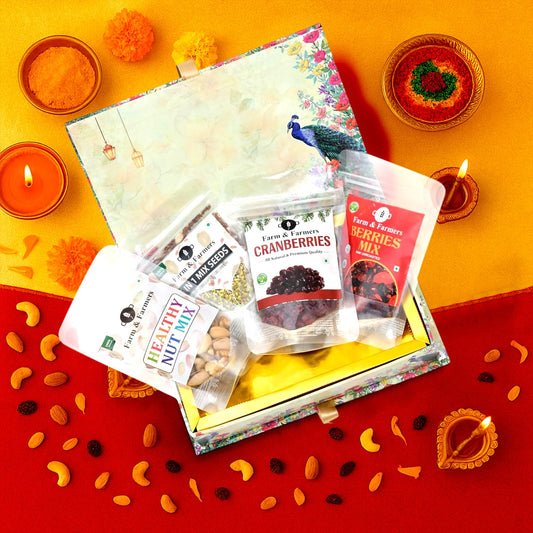 Farm & Farmers Premium Dry Fruit Diwali Gift Hamper | Nut Mix, 5 in 1 Mix Seeds, Cranberries, Berries Mix | Healthy Snacks Gift Box for Corporate Gifting & Festive Deepawali Gift (Pack of 4 x 80g)