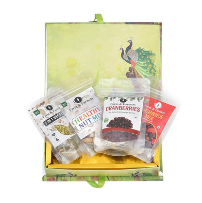 Farm & Farmers Premium Dry Fruit Diwali Gift Hamper | Mix Nuts, 5 in1 Mix Seeds, Cranberries, Berries Mix | Healthy Snacks Gift Box | Corporate & Festive Deepawali Gift (Pack of 4 x 80g)