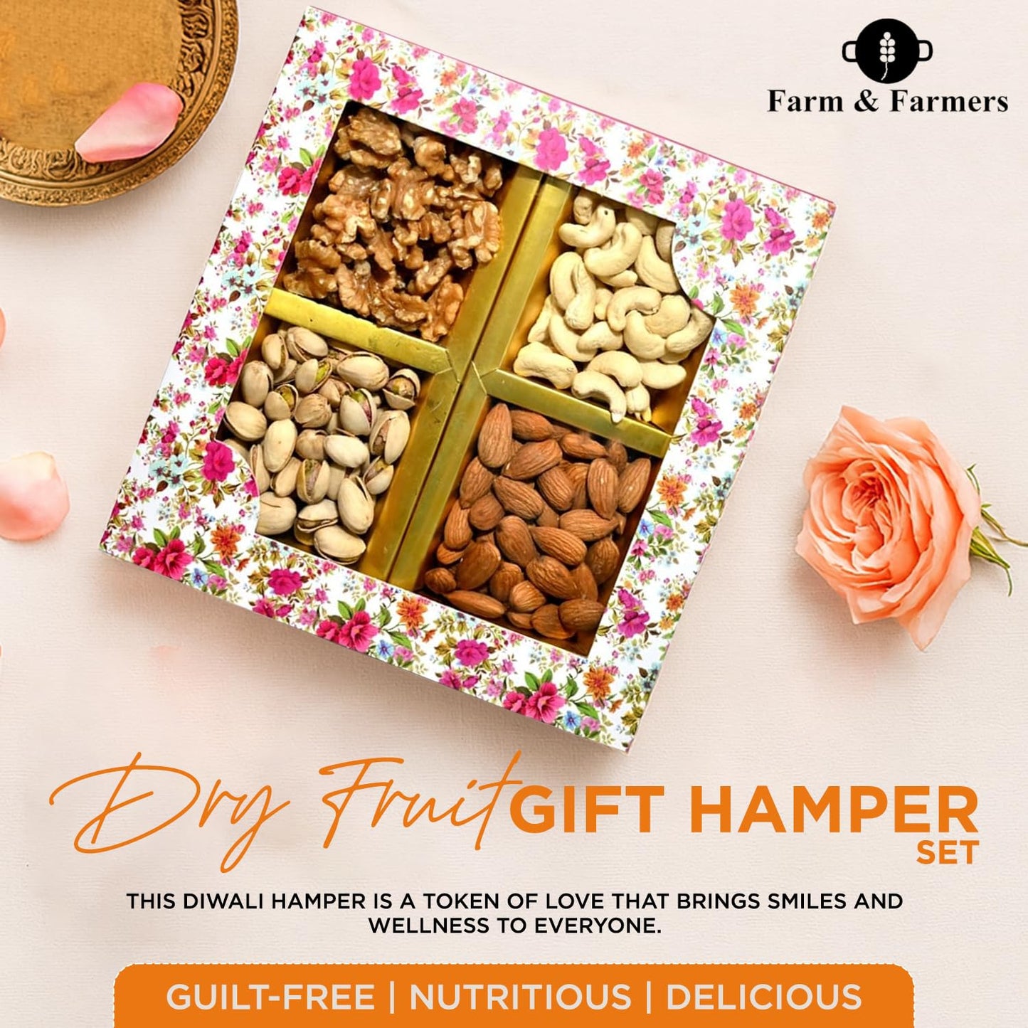 Farm & Farmers Almond, Cashew, Wallnut & Pista Dry Fruit Gift Hamper Pack Set Gift Box for Diwali | Dry Fruits Gifting Boxes | Festivals & Other Ocassions (450gm, Pack of 1)