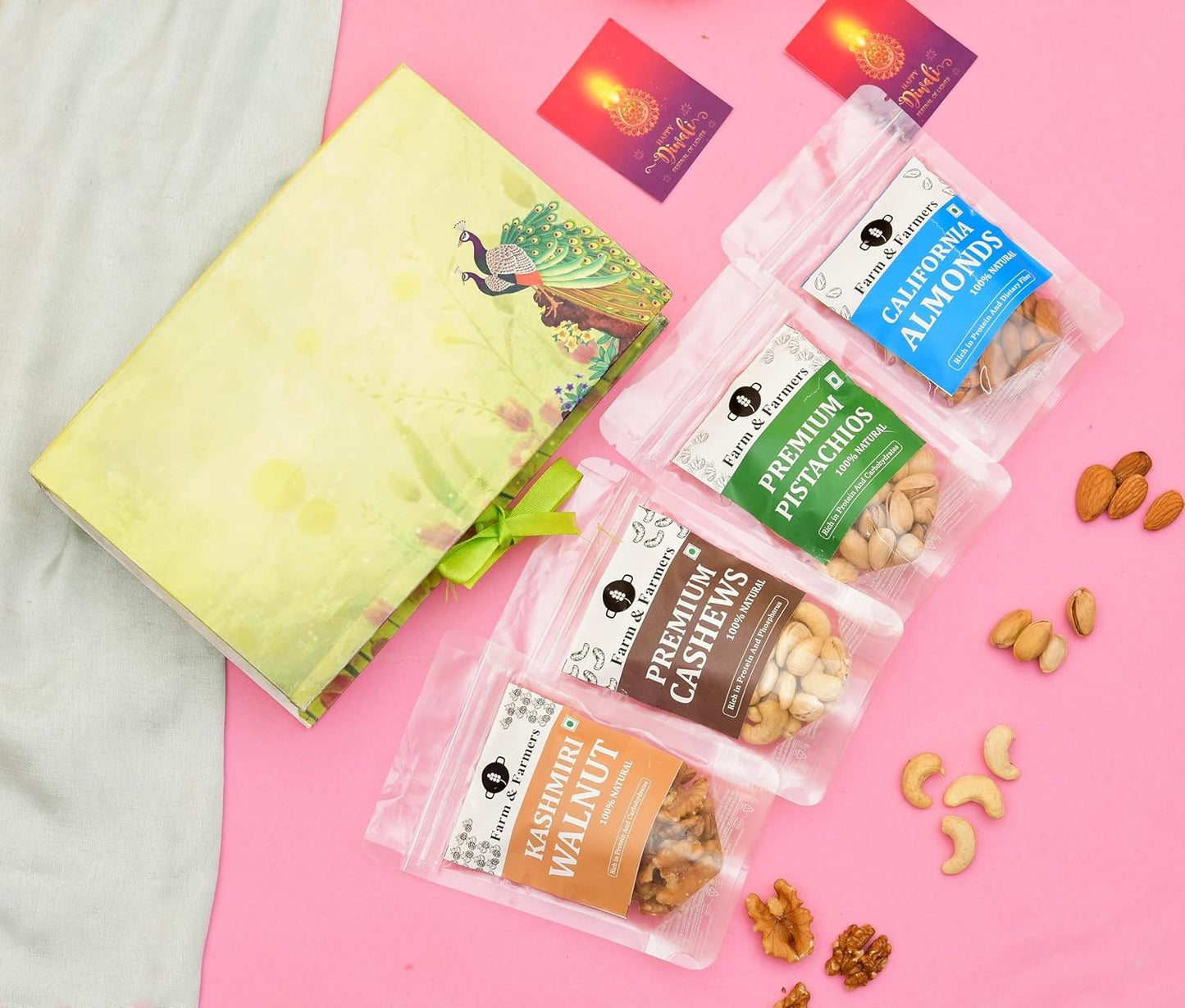 Farm & Farmers Premium Dry Fruit Diwali Gift Hamper | Walnuts, Cashews, Pistachios, Almonds | Healthy Snacks Gift Box for Corporate Gifting & Festive Deepawali Gift (Pack of 4 x 80g)