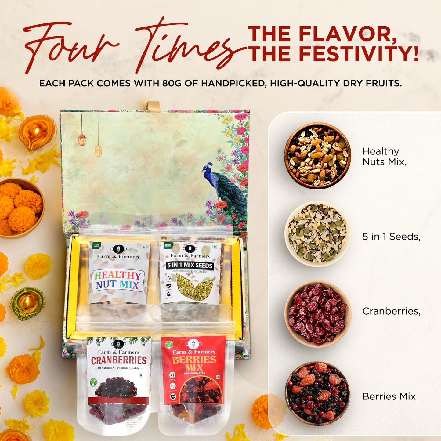 Farm & Farmers Premium Dry Fruit Diwali Gift Hamper | Nut Mix, 5 in 1 Mix Seeds, Cranberries, Berries Mix | Healthy Snacks Gift Box for Corporate Gifting & Festive Deepawali Gift (Pack of 4 x 80g)