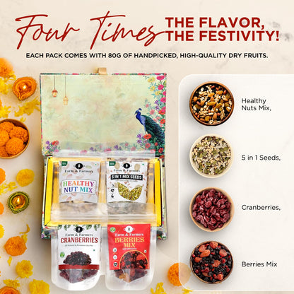 Farm & Farmers Premium Dry Fruit Diwali Gift Hamper | Nut Mix, 5 in 1 Mix Seeds, Cranberries, Berries Mix | Healthy Snacks Gift Box for Corporate Gifting & Festive Deepawali Gift (Pack of 4 x 80g)