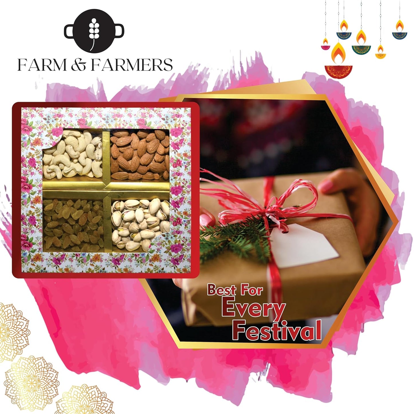 Farm & Farmers Almond, Cashew, Wallnut & Raisins Dry Fruit Gift Hamper Pack Set Gift Box for Diwali | Dry Fruits Gifting Boxes | Festivals & Other Ocassions (450gm, Pack of 1)