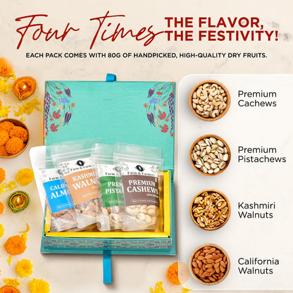 Farm & Farmers Premium Dry Fruit Diwali Gift Hamper | Walnuts, Cashews, Pistachios, Almonds | Healthy Snacks Gift Box| Corporate & Festive Deepawali Gift (Pack of 4 x 80g)