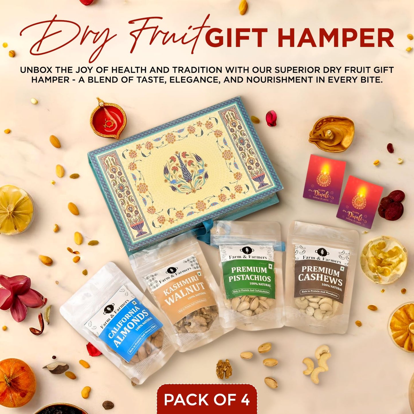 Farm & Farmers Premium Dry Fruit Diwali Gift Hamper | Walnuts, Cashews, Pistachios, Almonds | Healthy Snacks Gift Box| Corporate & Festive Deepawali Gift (Pack of 4 x 80g)