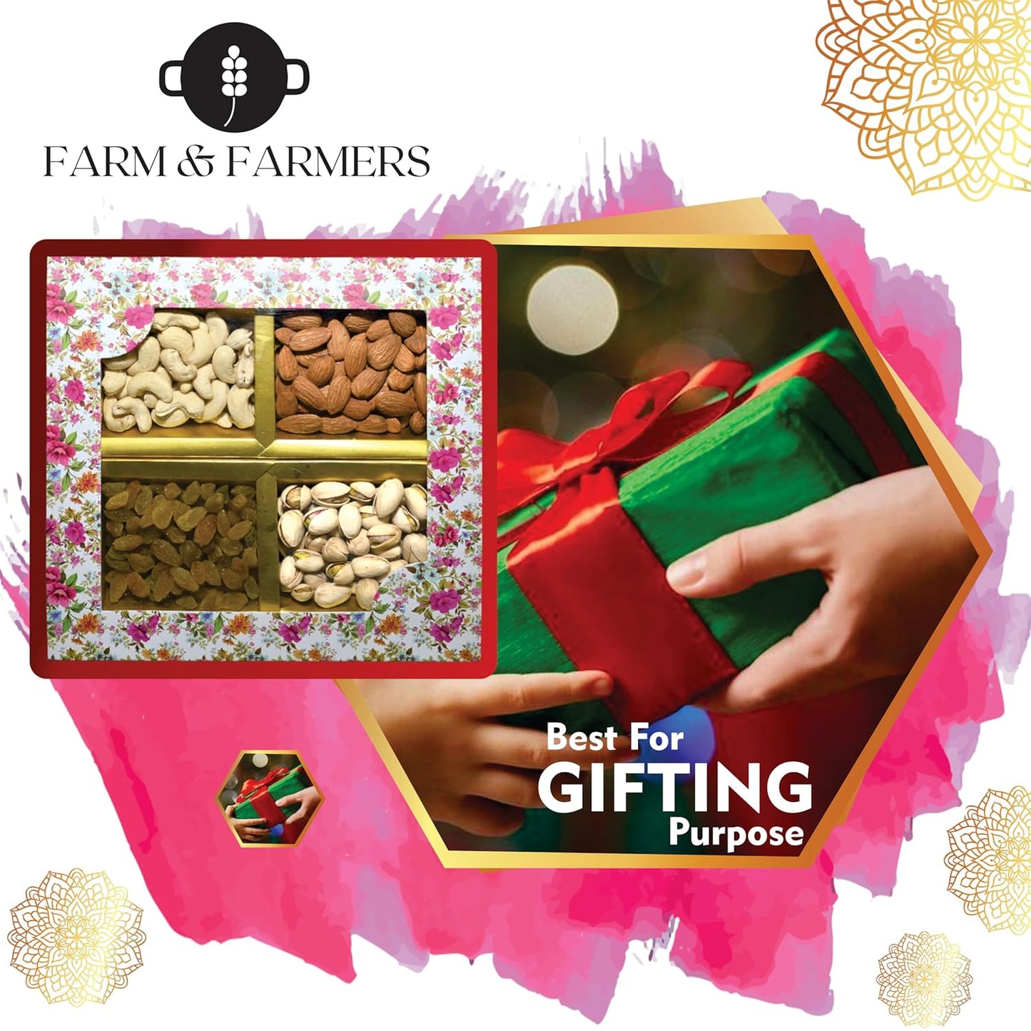 Farm & Farmers Almond, Cashew, Wallnut & Raisins Dry Fruit Gift Hamper Pack Set Gift Box for Diwali | Dry Fruits Gifting Boxes | Festivals & Other Ocassions (450gm, Pack of 1)