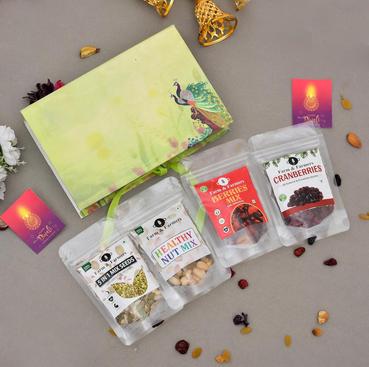 Farm & Farmers Premium Dry Fruit Diwali Gift Hamper | Mix Nuts, 5 in1 Mix Seeds, Cranberries, Berries Mix | Healthy Snacks Gift Box | Corporate & Festive Deepawali Gift (Pack of 4 x 80g)