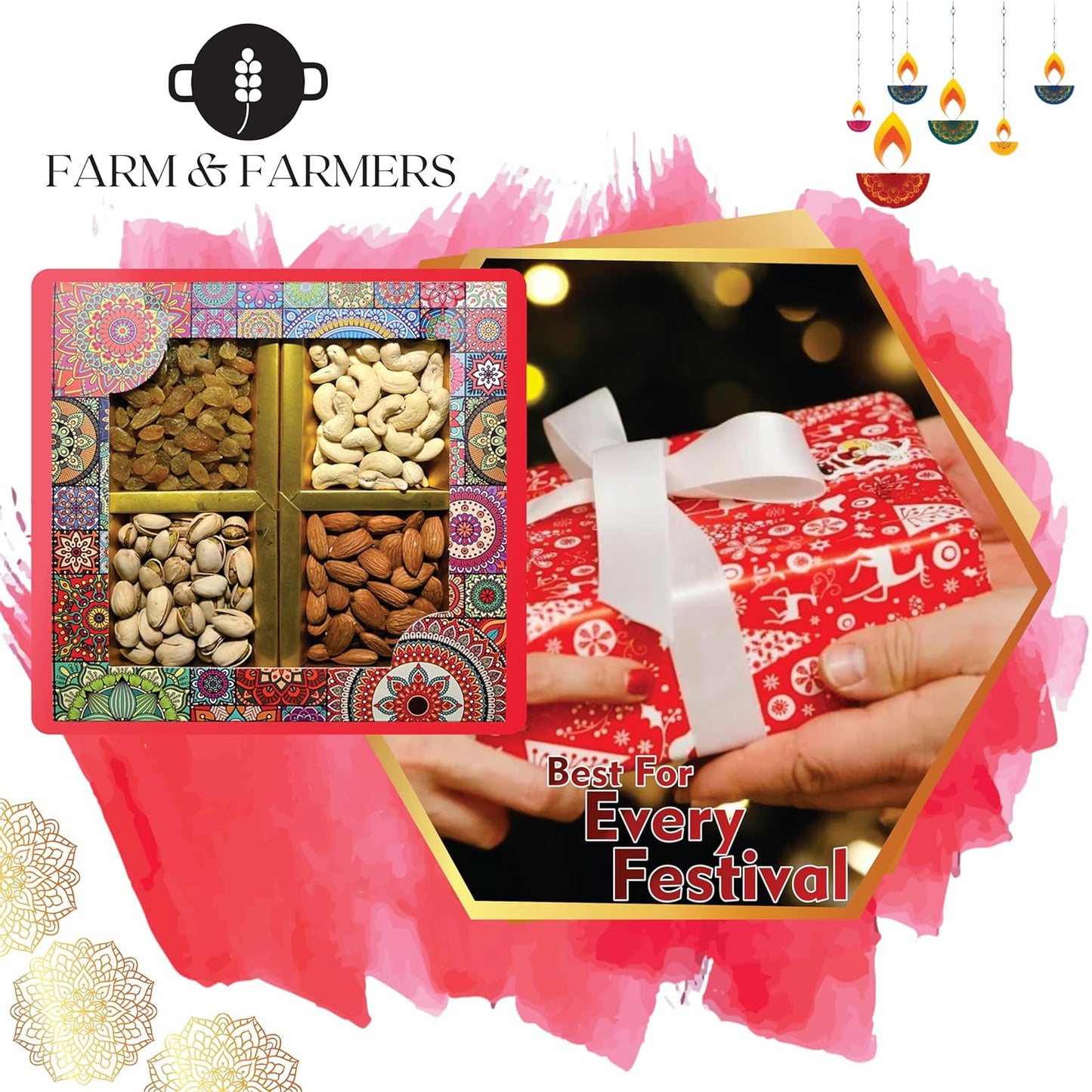 Farm & Farmers Almond, Cashew, Wallnut & Raisins Dry Fruit Gift Hamper Pack Set Gift Box for Diwali | Dry Fruits Gifting Boxes | Festivals & Other Gifting Ocassion (450gm, Pack of 1)
