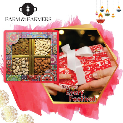 Farm & Farmers Almond, Cashew, Wallnut & Raisins Dry Fruit Gift Hamper Pack Set Gift Box for Diwali | Dry Fruits Gifting Boxes | Festivals & Other Gifting Ocassion (450gm, Pack of 1)