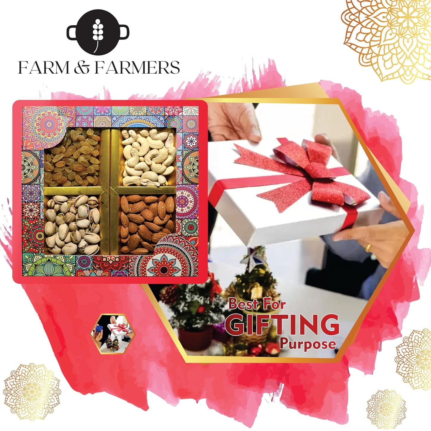 Farm & Farmers Almond, Cashew, Wallnut & Raisins Dry Fruit Gift Hamper Pack Set Gift Box for Diwali | Dry Fruits Gifting Boxes | Festivals & Other Gifting Ocassion (450gm, Pack of 1)