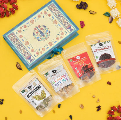 Farm & Farmers Premium Dry Fruit Diwali Gift Hamper | Mix Nutes, 5 in 1 Mix Seeds, Cranberries, Berries Mix| Healthy Snacks Gift Box | Corporate & Festive Deepawali Gift (Pack of 4 x 80g)