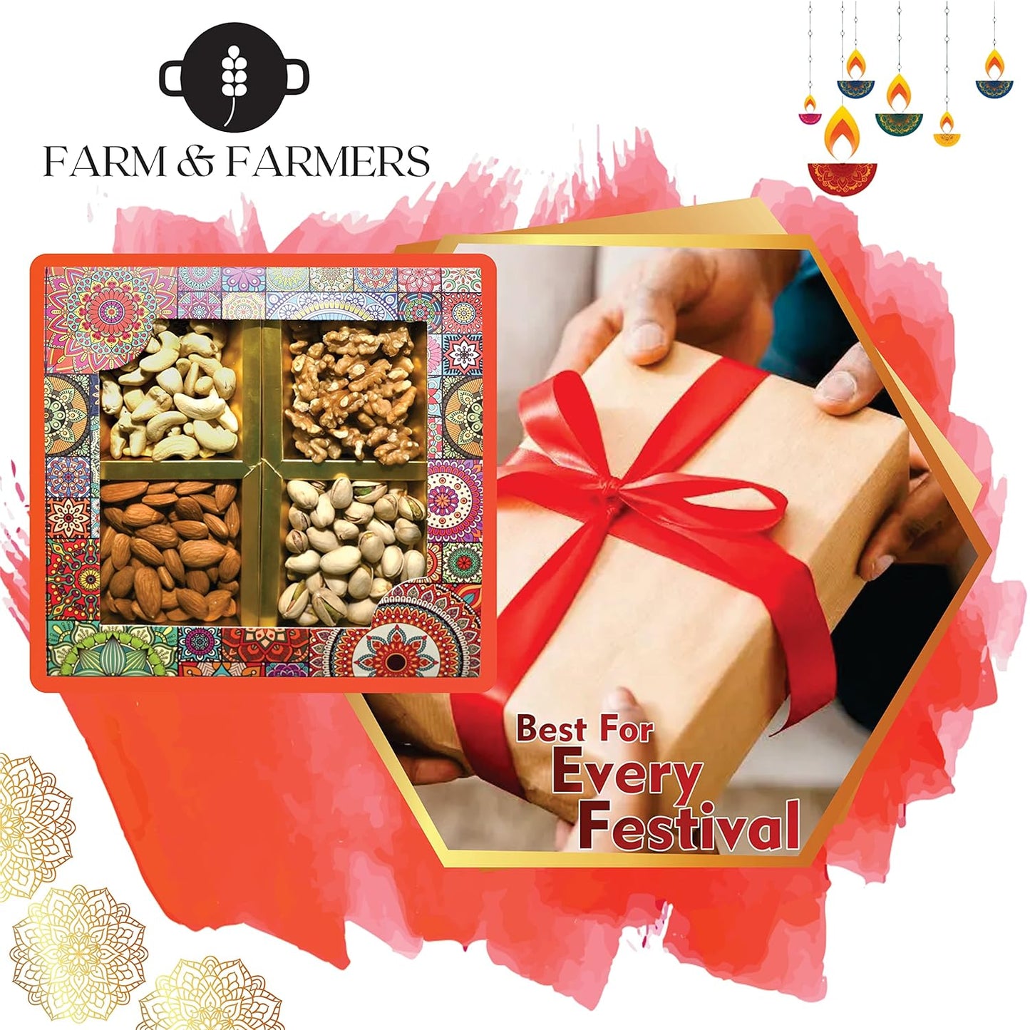 Farm & Farmers Almond, Cashew, Wallnut & Pista Dry Fruit Gift Hamper Pack Set Gift Box for Diwali | Dry Fruits Gifting Boxes | Festivals & Other Gifting Ocassion (450gm, Pack of 1)
