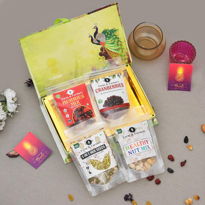 Farm & Farmers Premium Dry Fruit Diwali Gift Hamper | Mix Nuts, 5 in1 Mix Seeds, Cranberries, Berries Mix | Healthy Snacks Gift Box | Corporate & Festive Deepawali Gift (Pack of 4 x 80g)