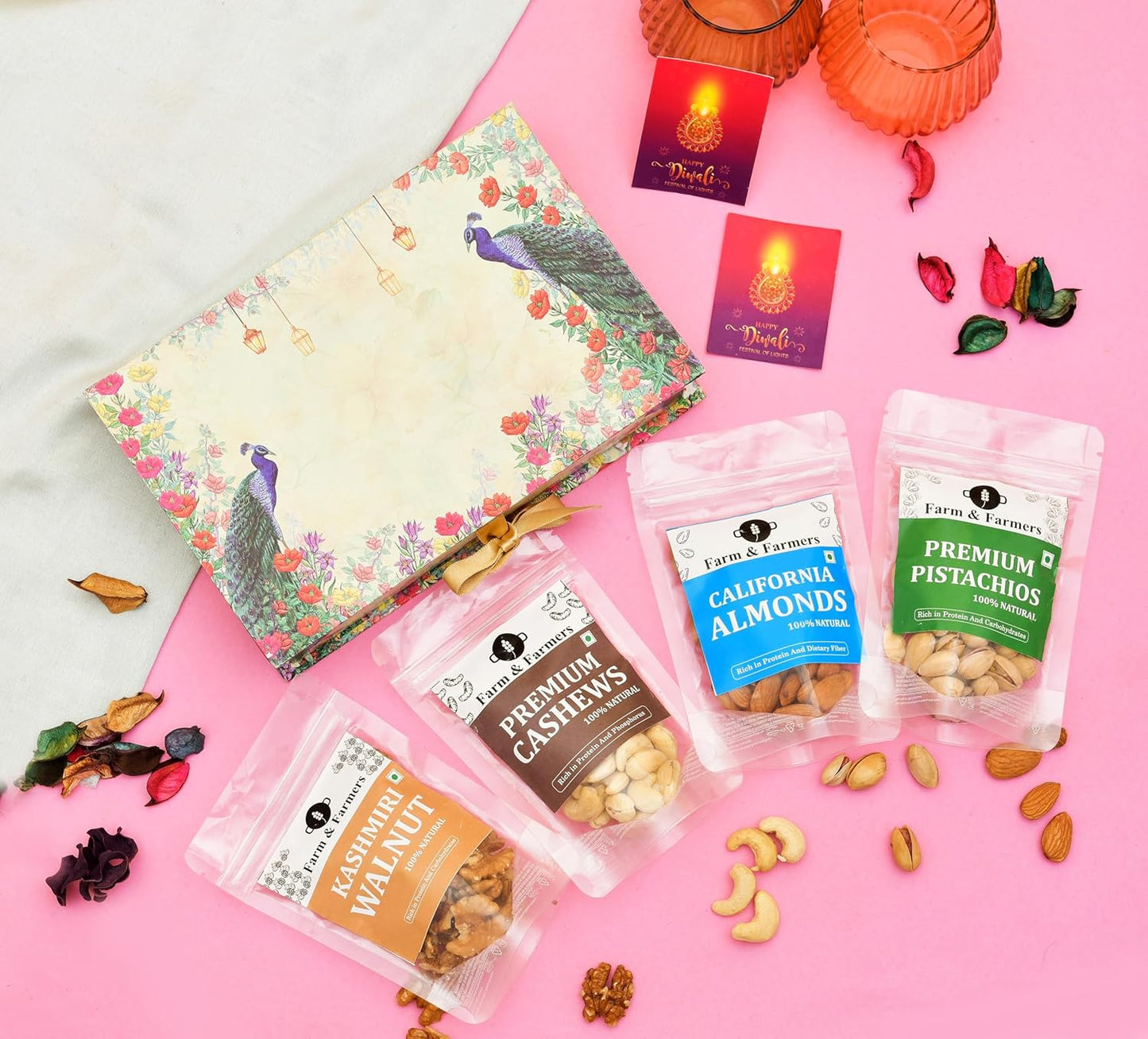 Farm & Farmers Premium Dry Fruit Diwali Gift Hamper | Walnuts, Cashews, Pistachios, Almonds | Healthy Snacks Gift Box | Corporate & Festive Deepawali Gift (Pack of 4 x 80g)