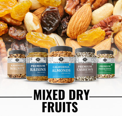 Farm & Farmers Premium Mixed Dry Fruits Nuts Almonds, Cashews, Pistachios, Raisins, Walnuts Dry Fruits Combo, Pack of 5 - ( 250 Gram Each 4, Walnuts 175 Gram )