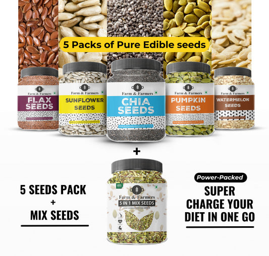 Organic Mixed Seeds Pack – 6 Super Seeds for Eating (Flax, Chia, Pumpkin, Sunflower Watermelon + 1 MIX SEEDS) 250gm Each | Rich in Antioxidants & Fiber