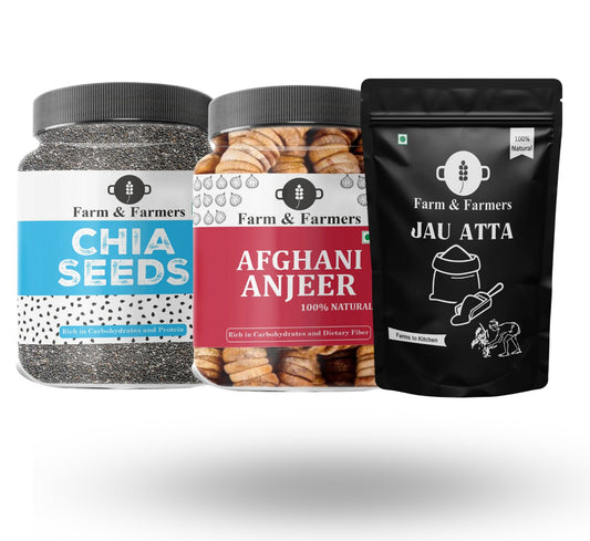Healthy Superfood Combo Pack (Pack of 3) – Jau Sattu 1kg, Afghani Anjeer 250g, Chia Seeds 250g