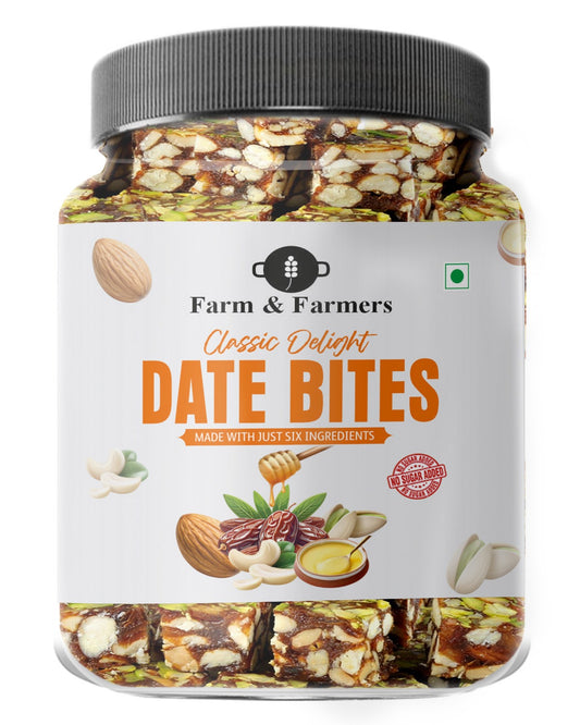Farm & Farmers Classic Delight Date Bites 360gm | Dates Barfi Made with Dates, Dry Fruits, Honey and Desi Ghee | Healthy Snacks Sweets,Gluten Free, No Added Sugar, Perfect for Gifting