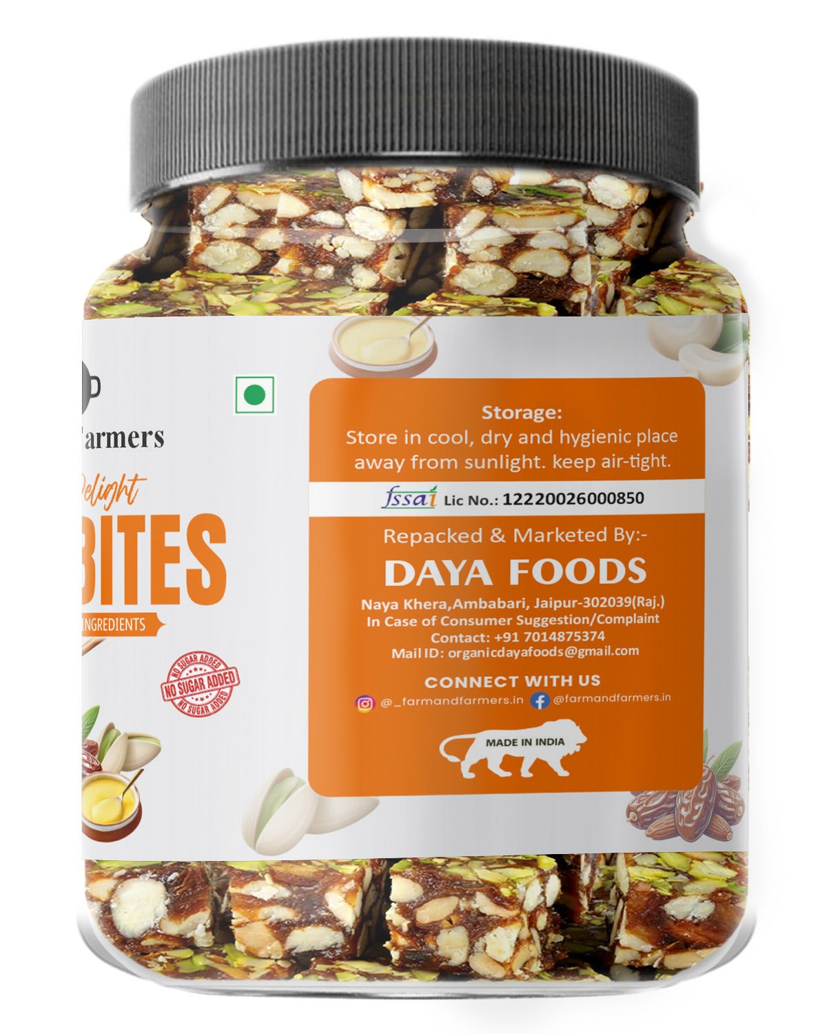 Farm & Farmers Classic Delight Date Bites 360gm | Dates Barfi Made with Dates, Dry Fruits, Honey and Desi Ghee | Healthy Snacks Sweets,Gluten Free, No Added Sugar, Perfect for Gifting