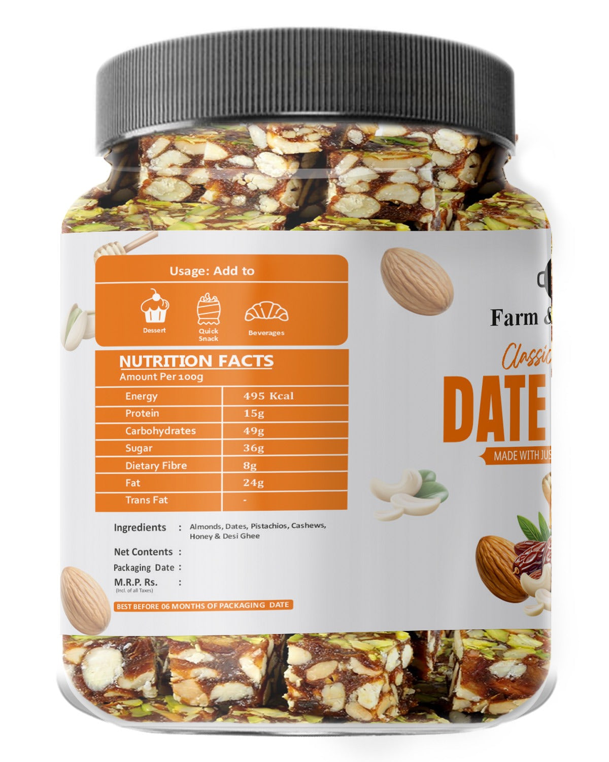 Farm & Farmers Classic Delight Date Bites 360gm | Dates Barfi Made with Dates, Dry Fruits, Honey and Desi Ghee | Healthy Snacks Sweets,Gluten Free, No Added Sugar, Perfect for Gifting