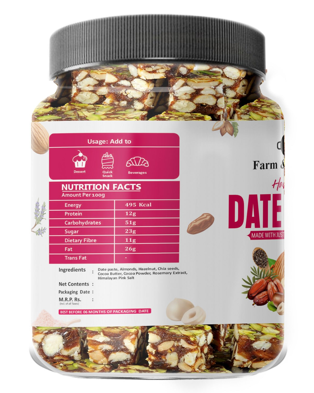 Farm & Farmers Hazelnut Date Bites 180/360gm | Dates Barfi Made with Dates, Dry Fruits, Honey and Desi Ghee | Healthy Snacks Sweets,Gluten Free, No Added Sugar, Perfect for Gifting