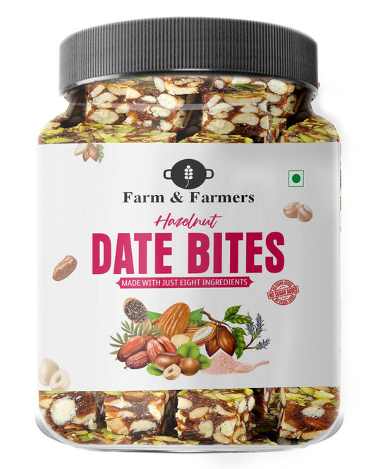 Farm & Farmers Hazelnut Date Bites 180/360gm | Dates Barfi Made with Dates, Dry Fruits, Honey and Desi Ghee | Healthy Snacks Sweets,Gluten Free, No Added Sugar, Perfect for Gifting
