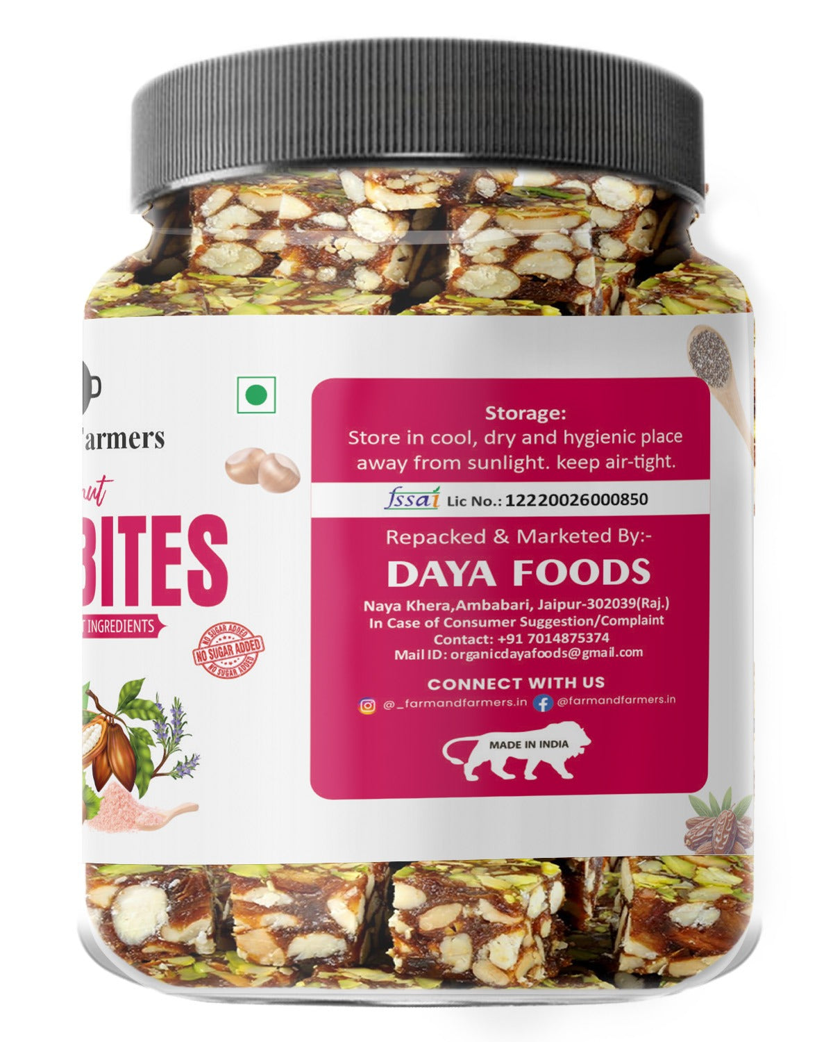 Farm & Farmers Hazelnut Date Bites 180/360gm | Dates Barfi Made with Dates, Dry Fruits, Honey and Desi Ghee | Healthy Snacks Sweets,Gluten Free, No Added Sugar, Perfect for Gifting
