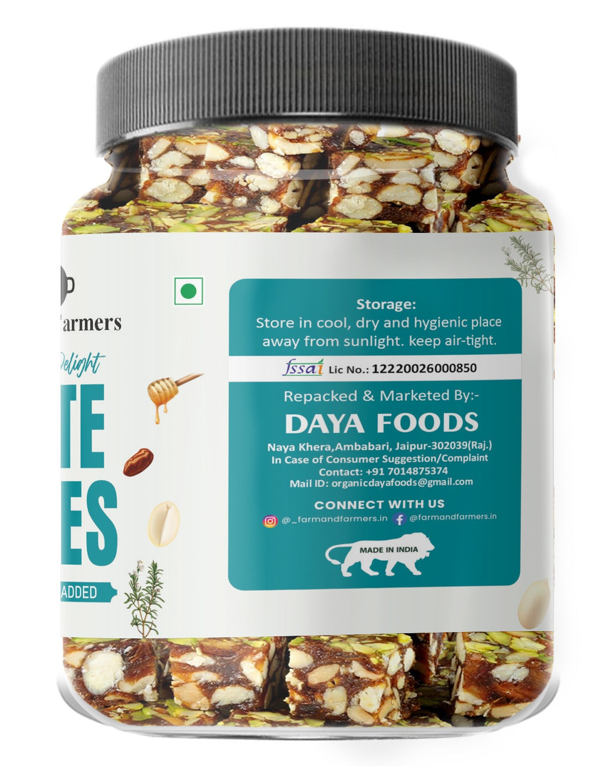Farm & Farmers Peanut Delight Date Bites 180gm | Dates Barfi Made with Dates, Dry Fruits, Honey and Desi Ghee | Healthy Snacks Sweets,Gluten Free, No Added Sugar, Perfect for Gifting